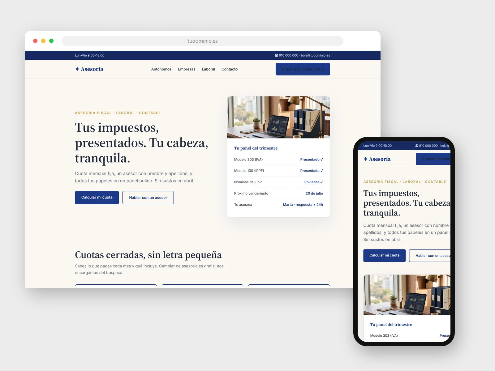 Diseño web para Asesoría fiscal y laboral: vista en navegador y móvil
