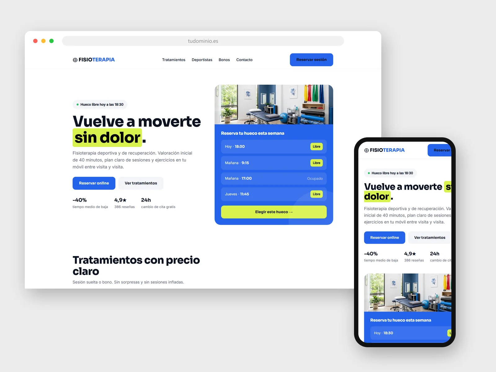 Diseño web para Centro de fisioterapia: vista en navegador y móvil