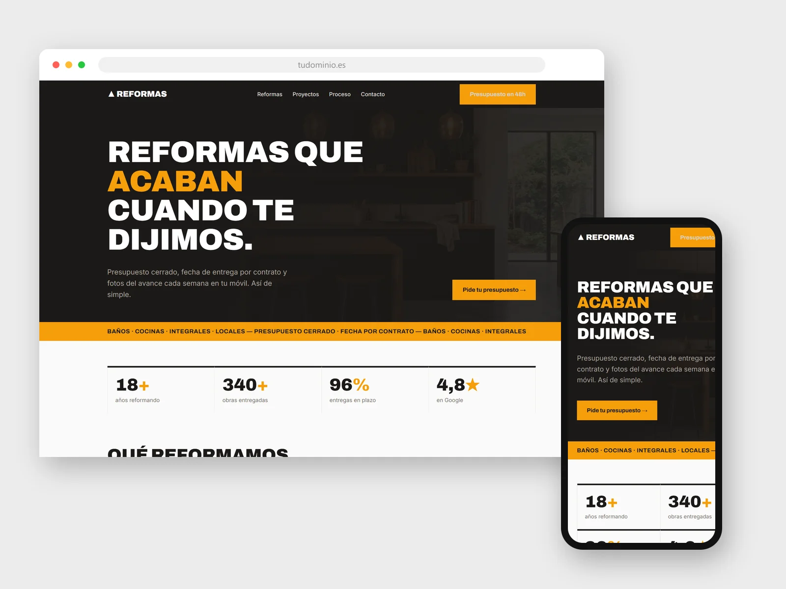 Diseño web para Empresa de reformas: vista en navegador y móvil