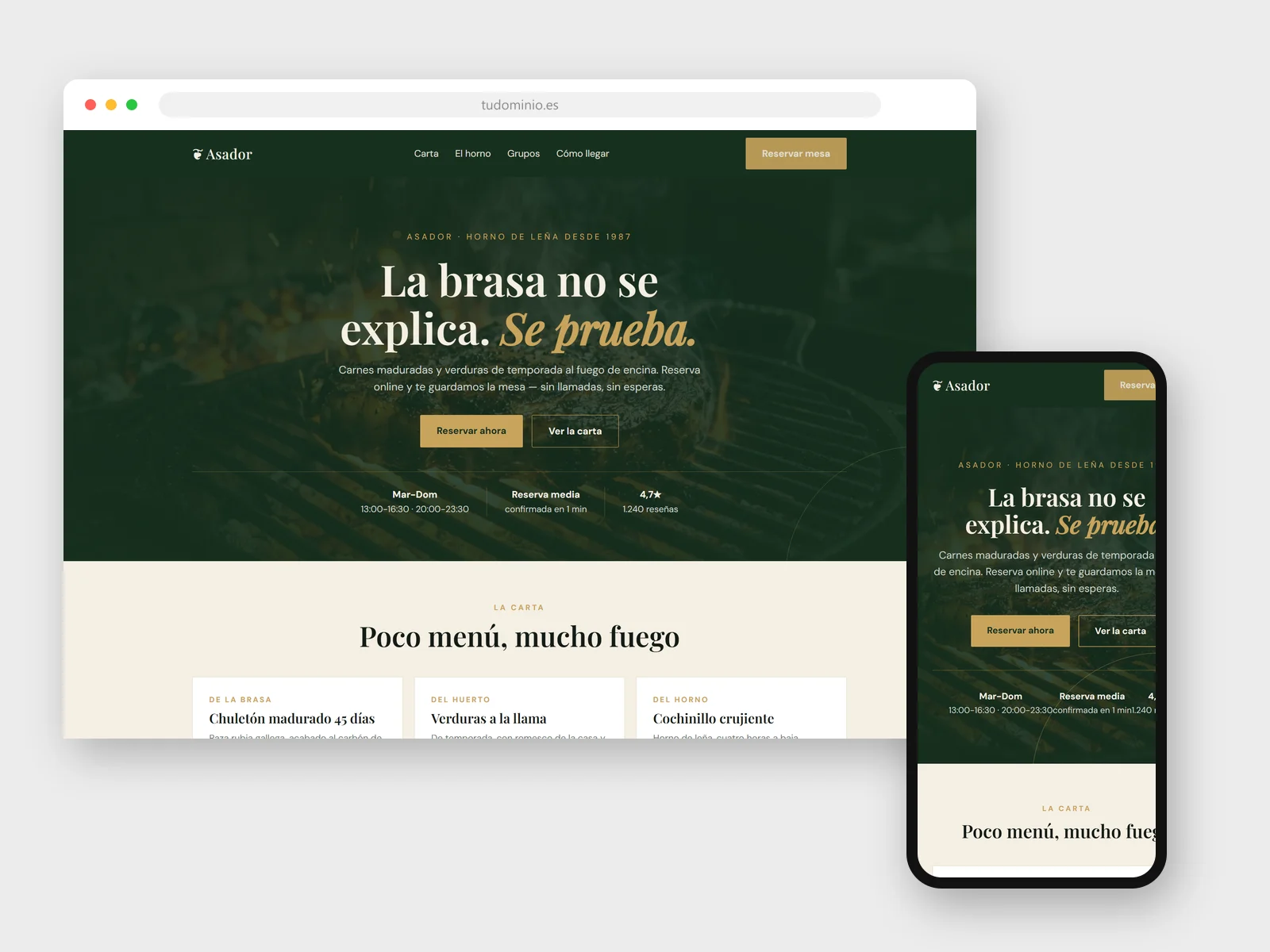 Diseño web para Asador y restaurante: vista en navegador y móvil